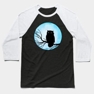 Scary Vintage Owl and Silver Blue Watercolor Moon Baseball T-Shirt